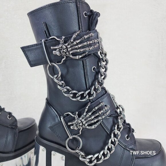 Camel Demonia Goth Punk Mid Calf Platform Boots Skeleton Hands Chains - Picture 4 of 9
